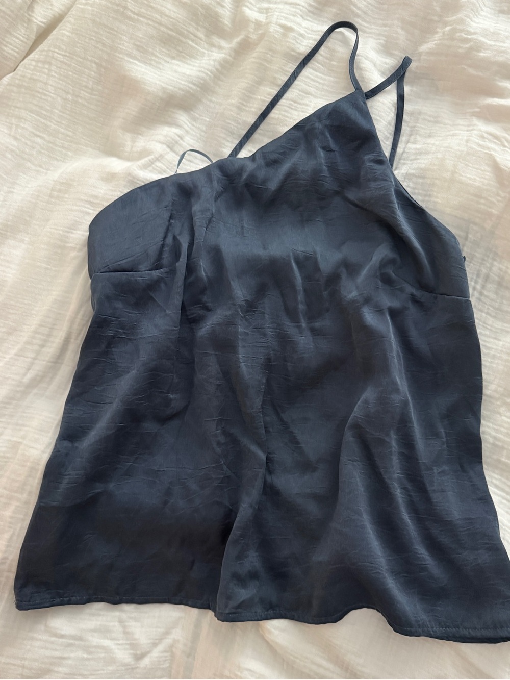 Blue/gray asymmetric satin halter top